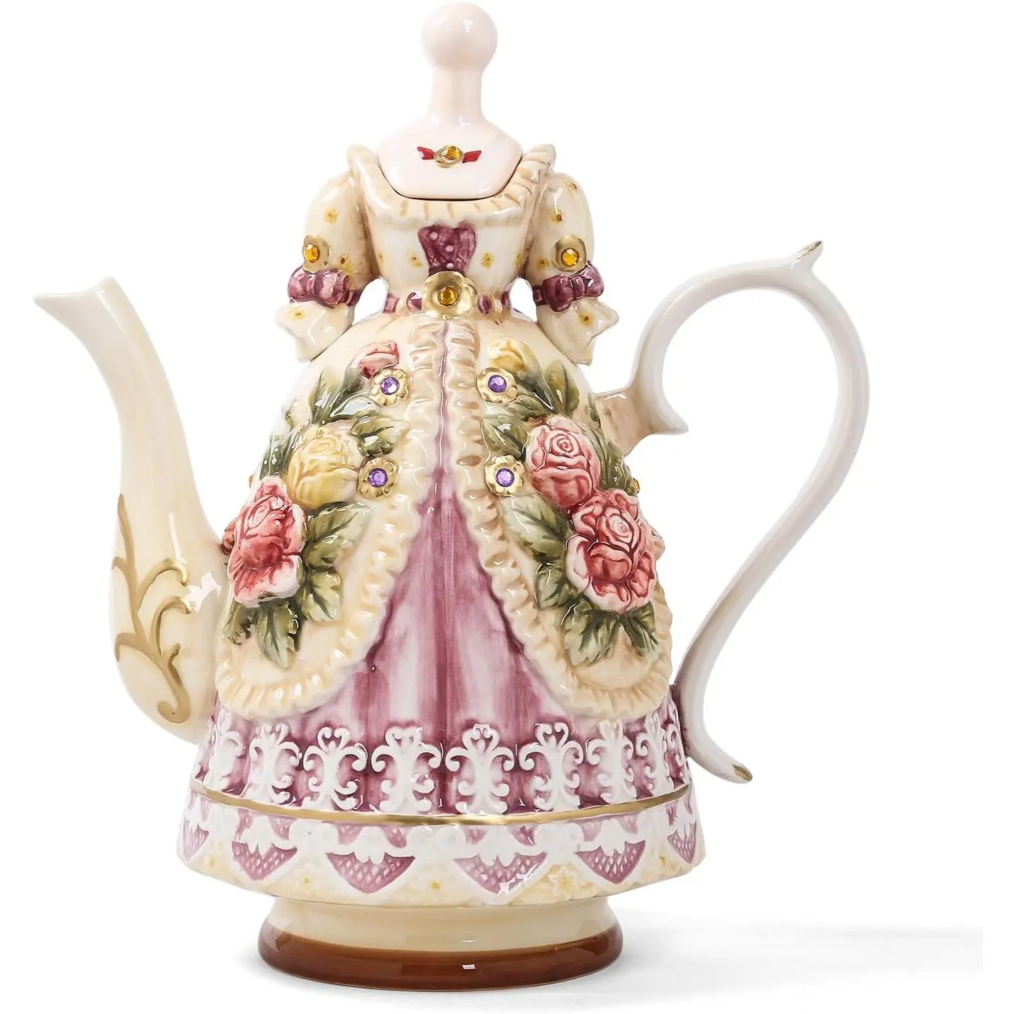 Large Red Ceramic Teapot with Lid - 3D Embossed Victoria Pink Rose Flowers, Table Decoration, Gift-Ready Kitchenware for Tea & Coffee