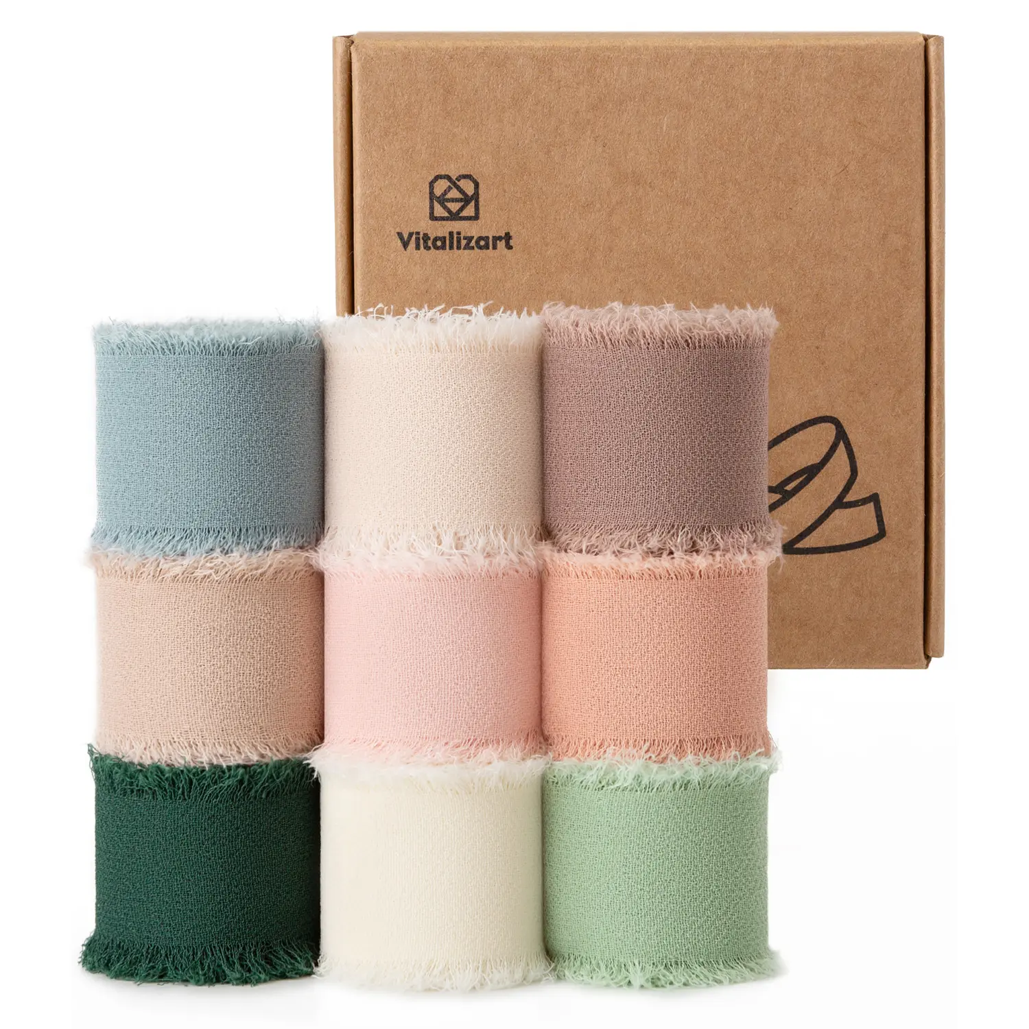 Vitalizart 1-Inch Assorted Chiffon Ribbon Set - Handmade Fringe Fabric Ribbon in Baby Blue, Dusty Blue, Blush Pink for Gift Wrapping, Bridal Shower Decor, Bow Making