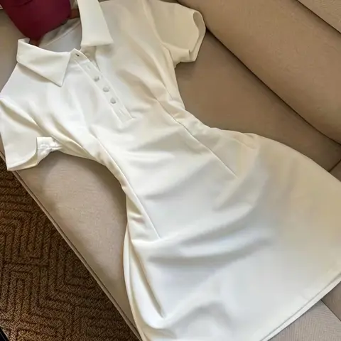 Elegant Basic Solid Color Lapel Short Dress for Women, Office Commute, Campus, Casual, Fashionable and Stylish, Elegance, Womenswear, Short Sleeve Design, Casual Fashion Chic