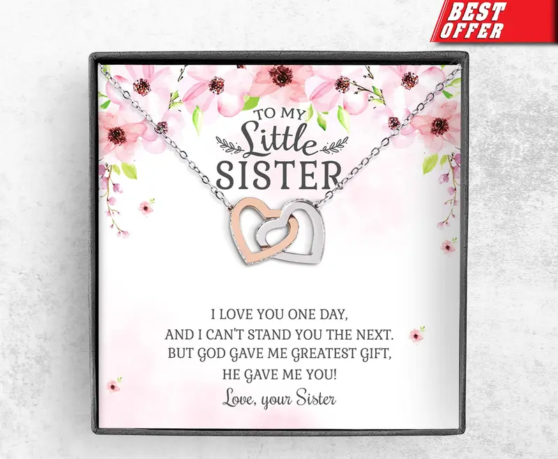 From Big Sister To Little Sister Necklace Gift, Little Sister Gift, Interlocking Hearts Necklace, Message Card Gift Box, For Birthday, Xmas. Necklace Gift, Birthday Necklace, Two Connected Hearts, White Rose Gold, Christmas Gift,  Gift,