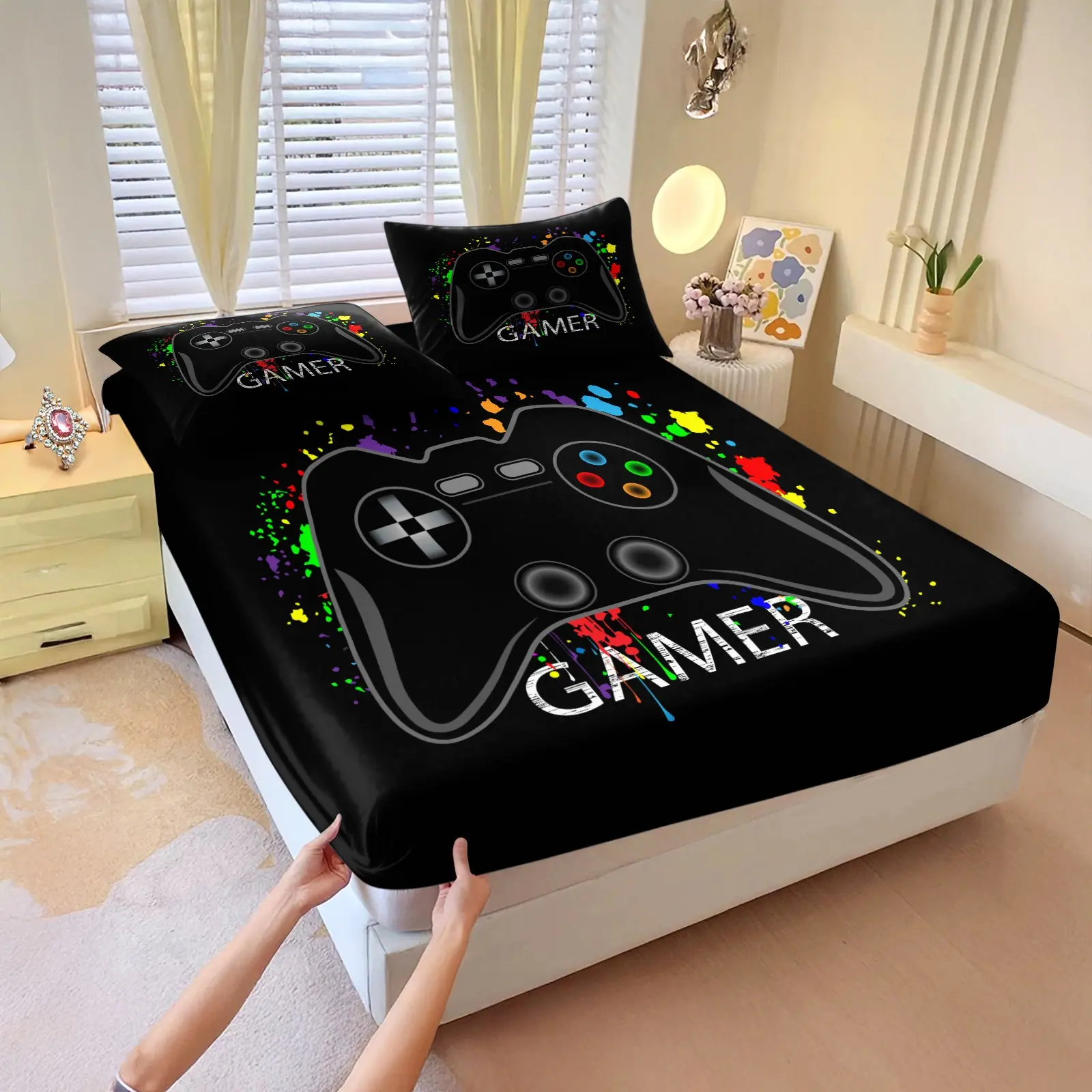 Gamer Paint Splatter Fitted Sheet Set,Street Graffiti Gaming Themed Bed Sheet Set,Including 1 Fitted Sheet & 2 Coreless Pillowcases,Classic Game Controller Print Bedding Set,Ideal for Boys Teens Bedroom Gaming Room Dorm Decor,Bedding Supplies