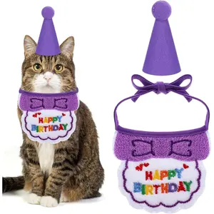 Cat Party Hat,Cute Birthday Hat for Cat,Adjustable Embroidered Cats Birthday Hats with Bib, for Girls, Boys, Kittens and Dogs Party Supplies Decoration Set (Purple)
