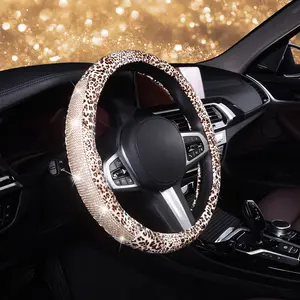 AUTOYOUTH Leopard & Cheetah Print Steering Wheel Cover - Diamond Bling Crystal Rhinestones on PU Leather Non-Slip Breathable Design for Women/Girls Universal Fit 14.5-15 Inch Car Interior Accessories