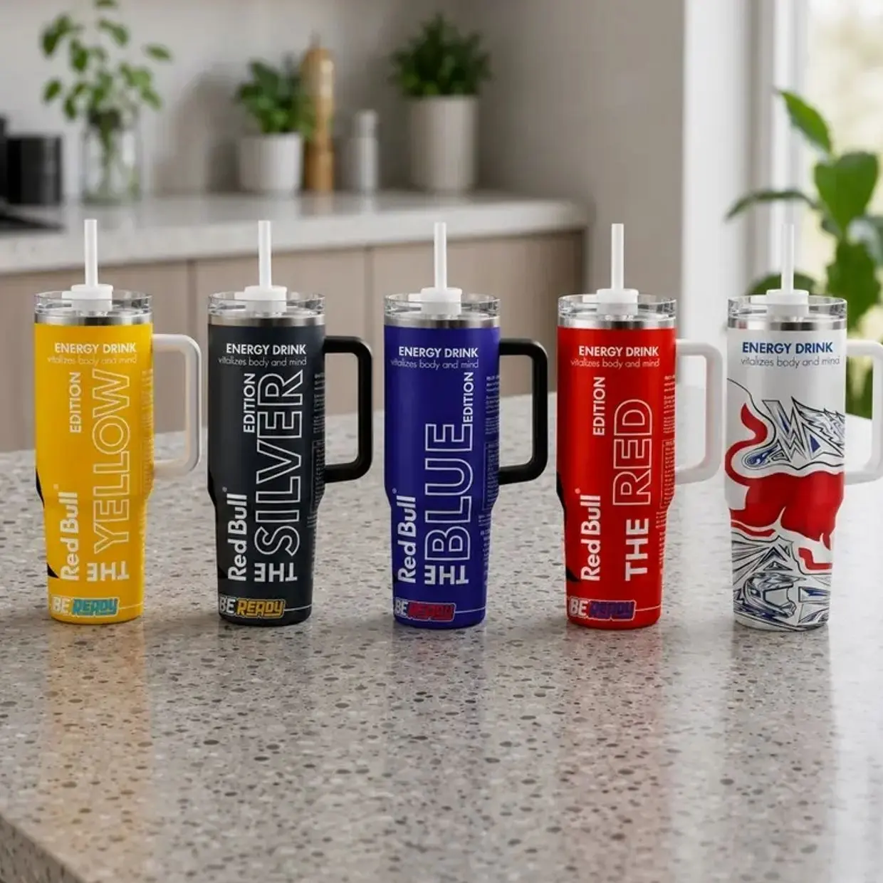 Redbull 40oz Energy Drink Inspired Tumbler with Handle & Straw, Stainless Steel Vacuum Insulated Travel Mug, Gift for Energy Drink Fans