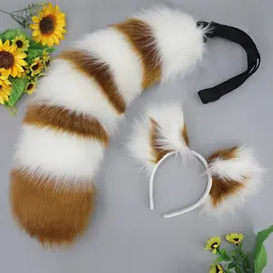 Simulated Animal Ears Tail Plush Props Set, Raccoon Panda Ear Headband Tail Costume Accessories, Party Carnival Photo Booth Decorations, Party Event Props, Party Supplies