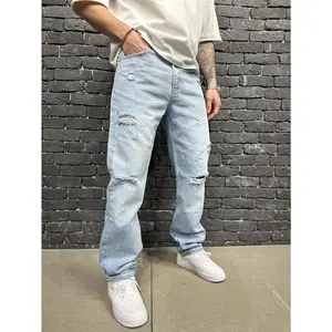 Menswear Beige Plain Streetwear Vintage Washed Straight-Leg Jeans Light Blue Distressed Denim Pants Loose Fit Non-Stretch Cotton Blend with Raw Wash Detail for All-Season Wear Fashion Casual Stylish ripped pant