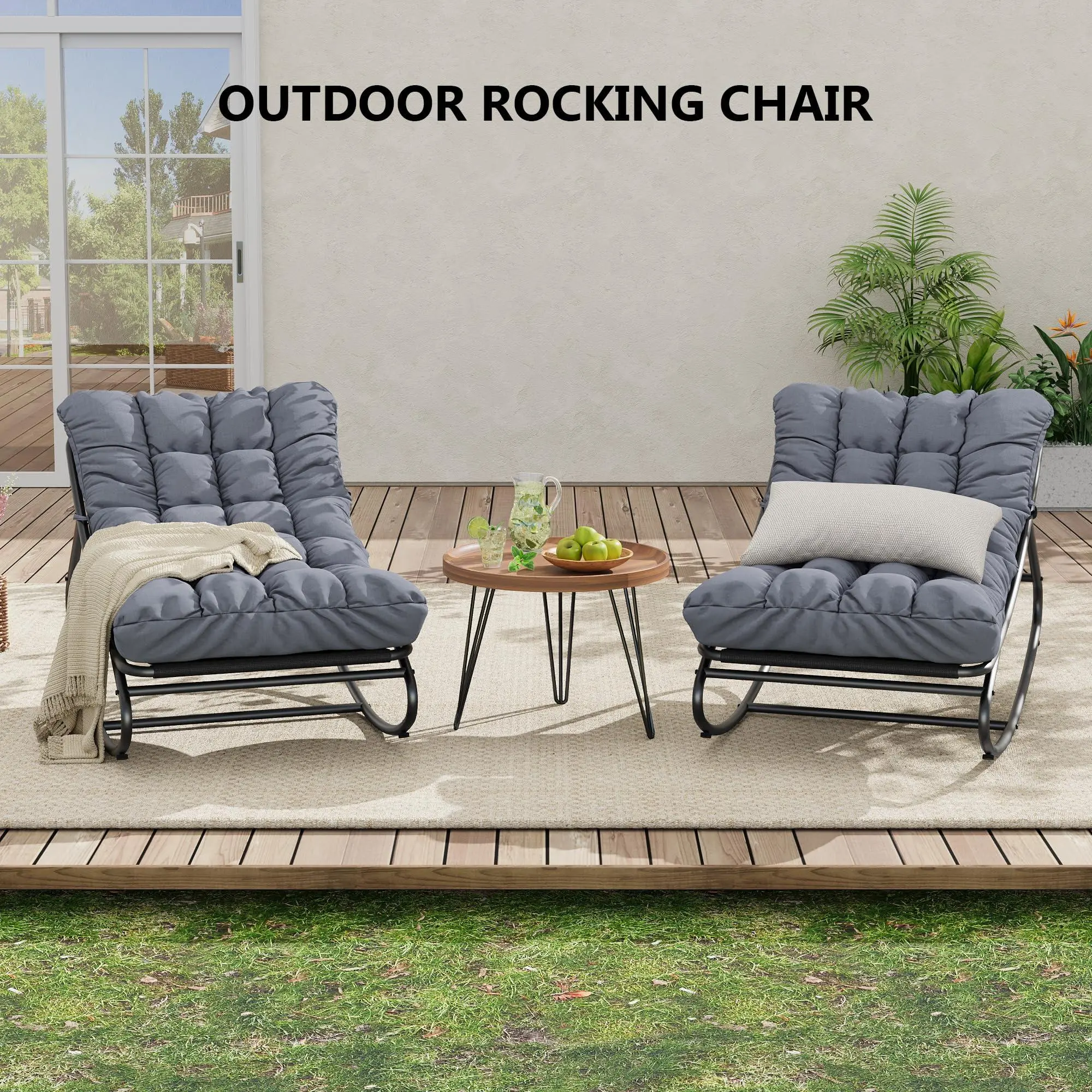 GARVEE 2 Pcs Outdoor Rocking Papasan Chairs, Comfortable Lounging Chair with Removable Cushions, Sturdy Metal Frame, Padded Seat for Patio, Garden, Nursery, Living Room,Grey