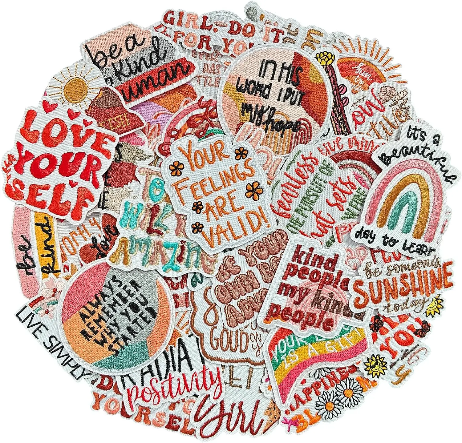 50pcs Boho Inspirational Embroidered Patches Set - Motivational Quote Iron on Patches with Rainbow, Sun, Flower - Aesthetic Fabric Patches for Jeans, Jackets, Backpacks - DIY Craft Gifts for Women