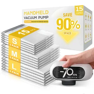 Travel Vacuum Bags with Wireless Pump, 15 Pack Vacuum Storage Bags with Powerful -70KPa Suction, for Maximum Compression in Luggage, Suitcase, Travel and Home Use for Clothes and Blankets, White  Mother's Day Gift