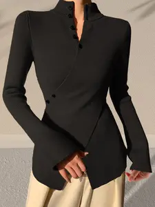New Arrival Women's Fashion Solid Color Button Cross Design Long Sleeve Sweater, Asymmetric Knit Pullover, Stylish and Comfortable