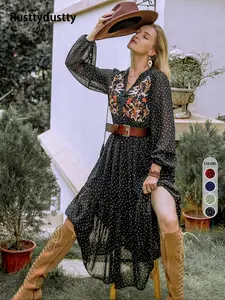 Women's Floral Embroidered Bishop Sleeve A-Line Fitted Dress, Vintage Bohemian Chiffon Long Skirt, Perfect for Holidays & Travel All Year Round
