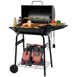 Royal Gourmet Barrel Charcoal Grill with Offset Smoker, 552 Sq. In. Cooking Area, Wooden Front shelf, Wooden Side Shelf With Hooks, Mesh Bottom Shelf, Blow-Molded Wheels, Charcoal Grill for Outdoor Grilling and Backyard Cooking, Black