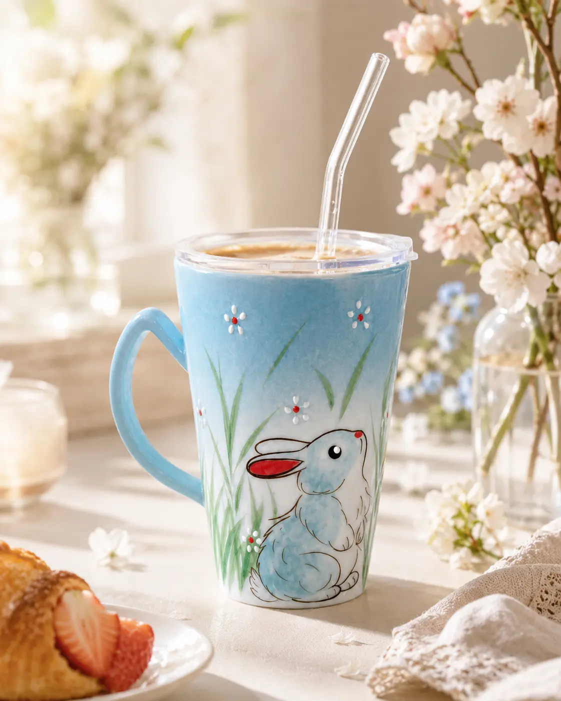 Handmade Ceramic Tumbler Mug with Lid & Glass Straw, Hand Painted Bunny Rabbit Coffee Cup, Cute Blue Floral Cup with Handle, Unique Gift for Women, Iced Coffee Tea Cup