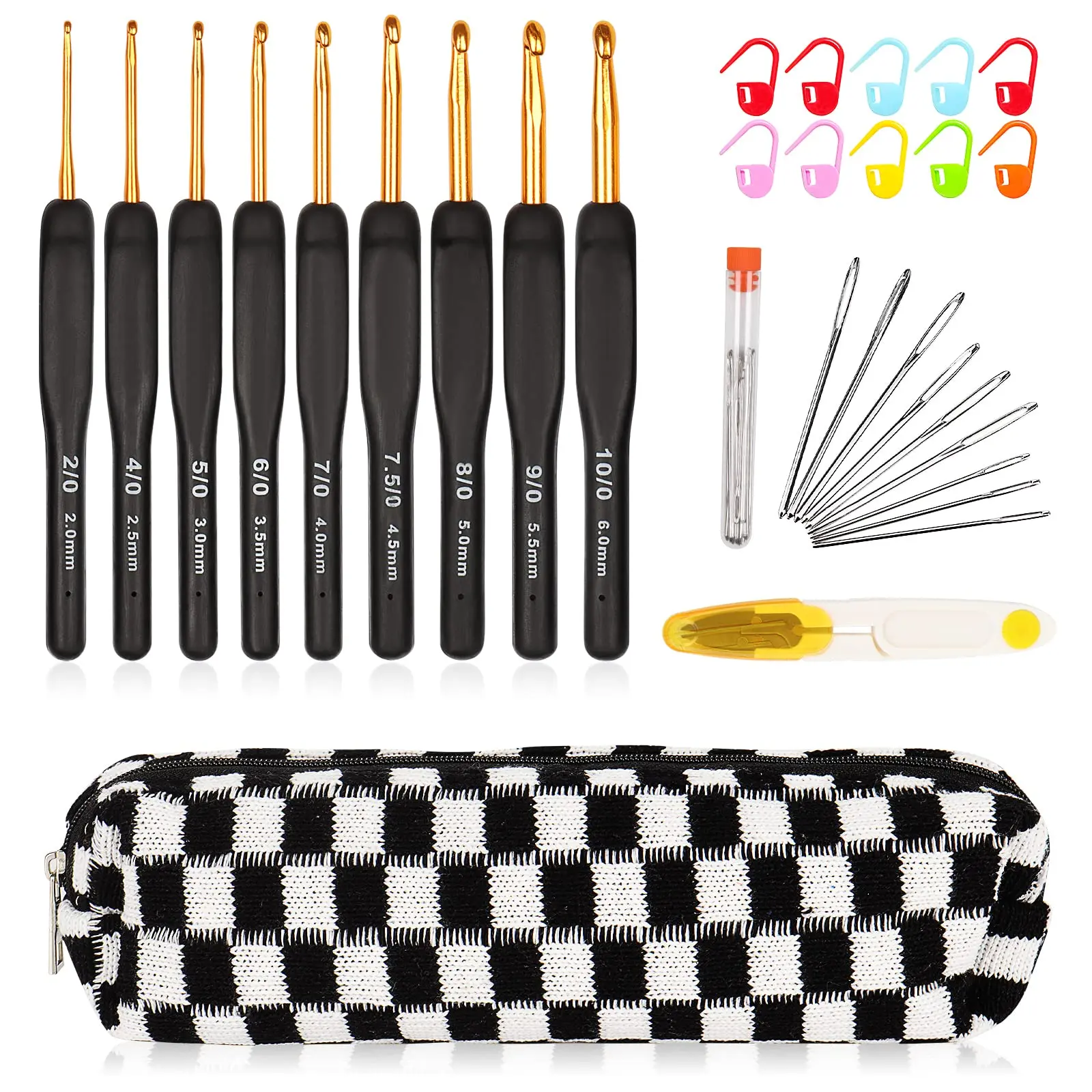 31-Piece Multi-Size Aluminum+TPR Black Gold Ergonomic Crochet Set Kit, Soft Non-Slip Handles, 1 Needle Bottle, 1 Scissors, Arthritic Hand-Friendly Travel-Ready Supplies, Ideal Gift for Beginners