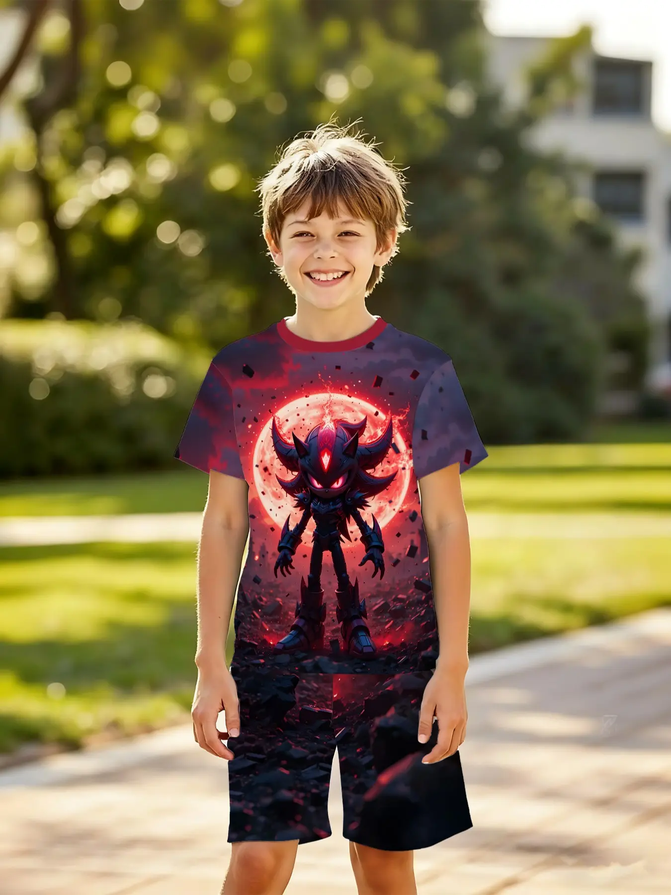 3D Dark Sonic Ruins Scene Graphic Print Set, Boys Trendy Two-Piece, Quick-Dry Skin-Friendly Summer Clothing Set, Birthday Gift, Holiday Present!