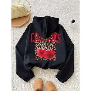 Women’s thermal-lined hoodie with cherry, letter, and leopard print, drawstring pocket; drawstring graphic hoodie; casual long-sleeve hooded sweatshirt for fall and winter; women’s clothing for daily wear