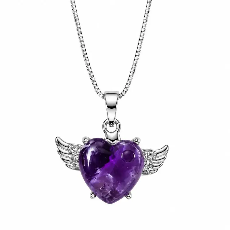 LEESHADE Amethyst Angel Wing Heart Necklace for Women, Purple Crystal