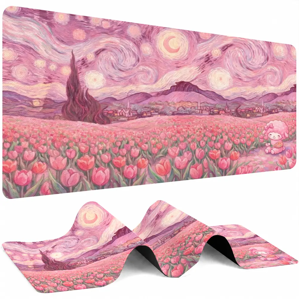 Large-Area Fabric-Top Mouse Pad, Cottagecore Lamb & Tulip Field Desk Mat for Work/Study, Specialty Kitchen Desk Accessory