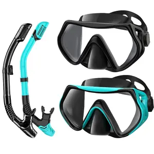 2 pcs/Black&Cyan Dry Snorkel Set, 180° Panoramic Wide Angle, Anti-fog Scuba Diving Mask, Professional Snorkeling Equipment, Free Breathing, Swimming, Diving Snorkeling Equipment, Suitable for Adults (Ages 18+) Men and Women Snorkeling Equipment