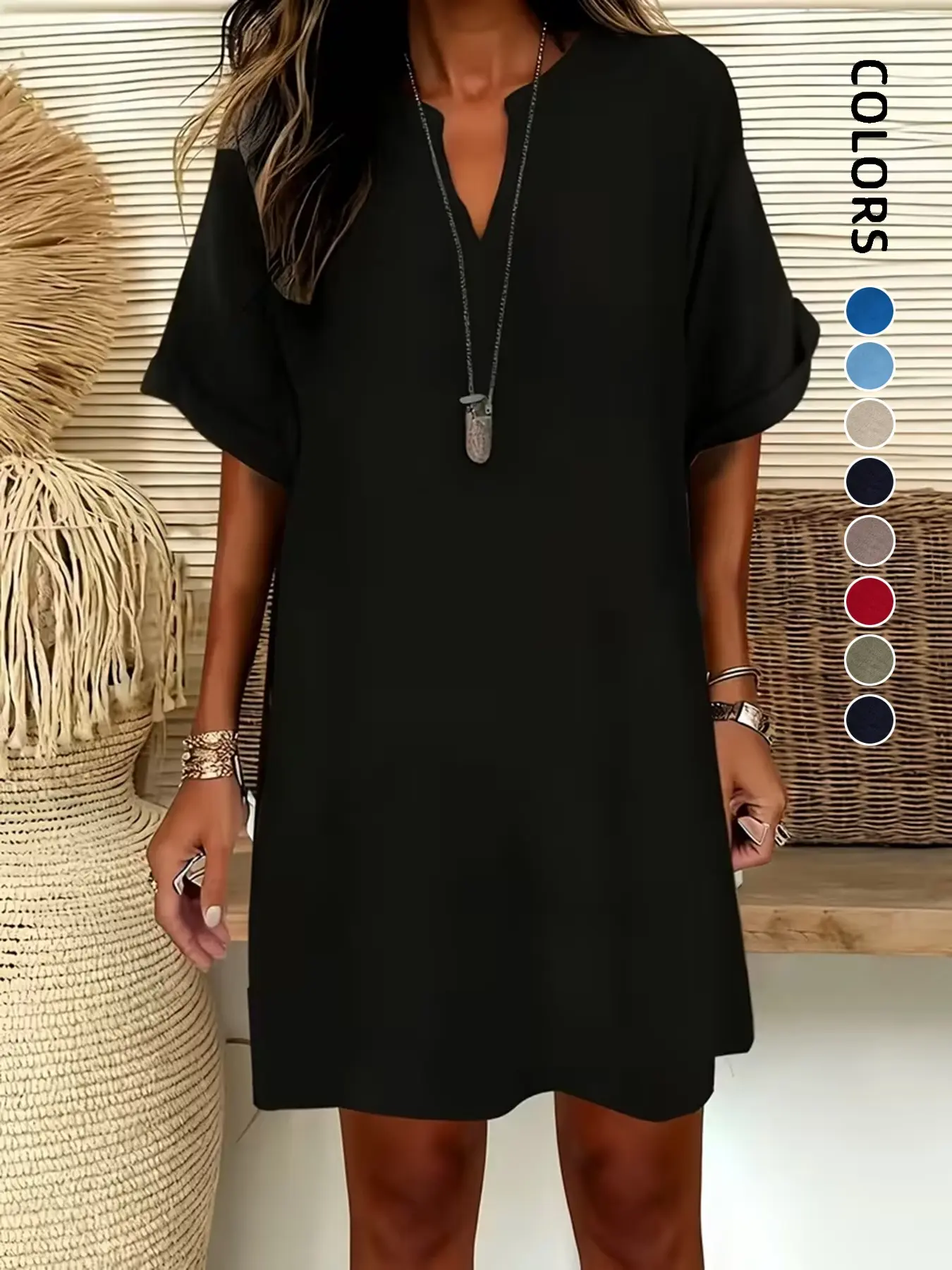 Women's Plain Notched-Neck Short Sleeve Midi Dress, Casual Chic Fashion  Drop Shoulder A-Line Dress for Summer, Comfortable and Stylish Dress -  TikTok Shop