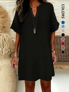 Women's Plain V-Neck Short Sleeve Fit Dress, Casual Flowy Drop Shoulder A-Line Midi Skirt, Summer Fashion, Comfortable and Stylish