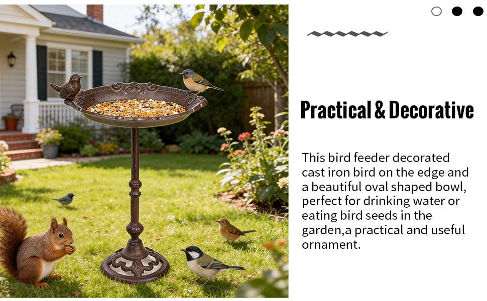 Sungmor Vintage Cast Iron Birdbath for Outside,15.6" Tall Bird Feeder with Adorable Bird Statue,Freestanding Oval Water Bowl,Distressed Brown Finish