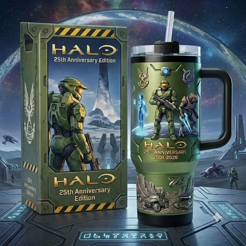Halo 25th Anniversary Edition 2001 2026 Master Chief UNSC Commemorative 40oz Tumbler with Handle, Stainless Steel Travel Cup with Straw and Lid, Reusable Insulated Water Bottle, Gaming Drinkware, Travel Cup, Gamer Gift