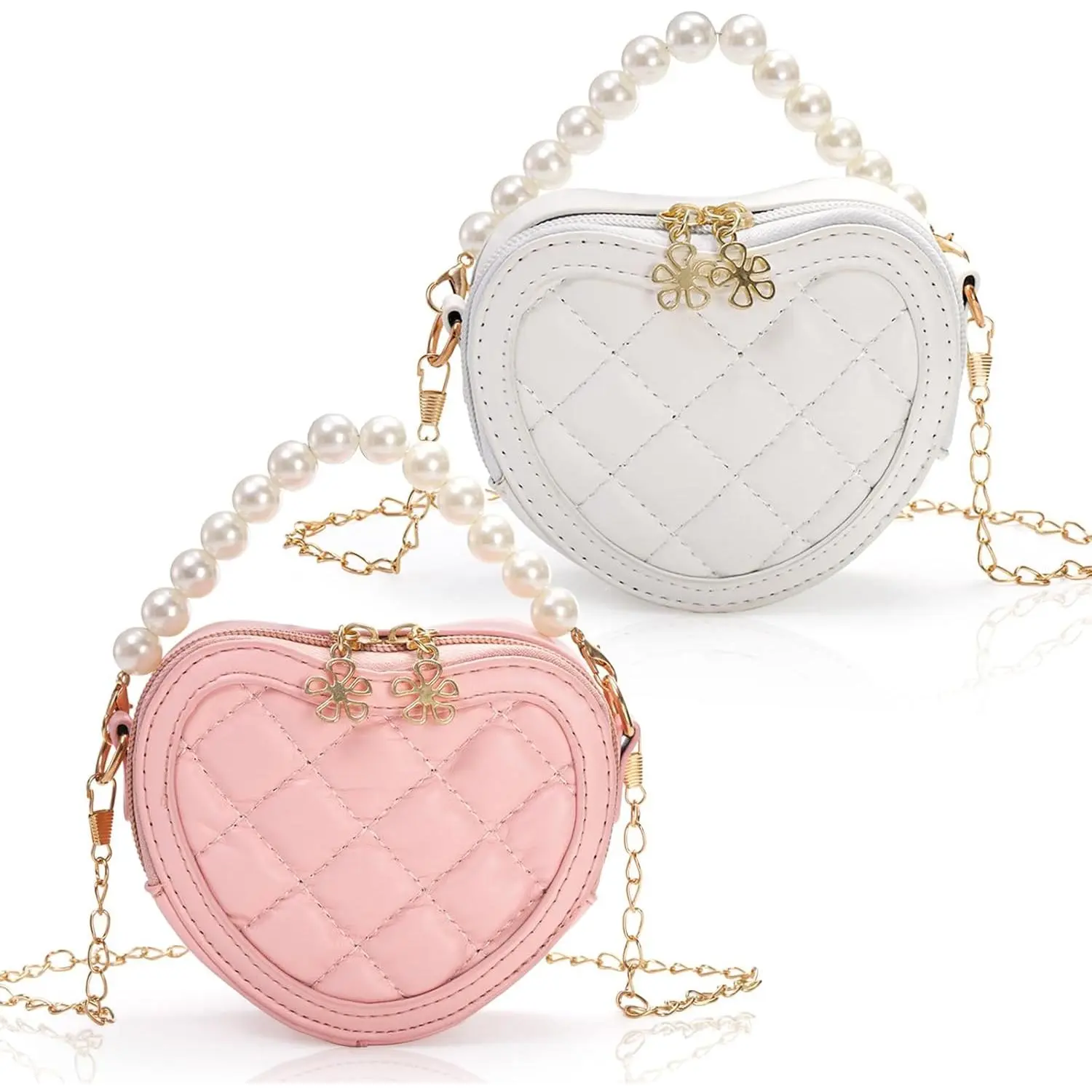 2 Pack Little Girl Purses, Heart Shaped  Crossbody Bag with  Handle, Mini Cute  Purse with Chain Strap, Princess Handbag Wallet  for