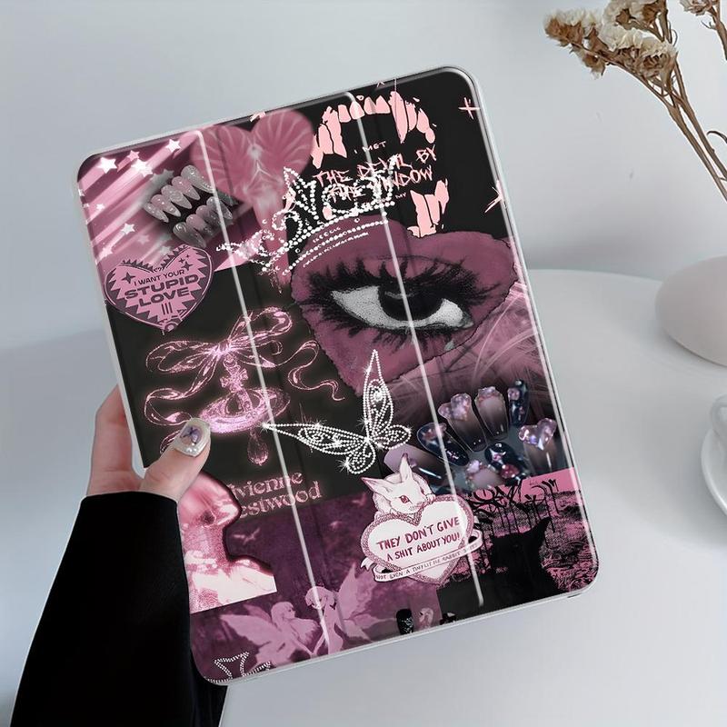 Y2K Pink Gothic Collage Folding Stand Case, Transparent Acrylic Hard Back, Pencil Slot & Charger Slot, Scratch-Resistant Slim Protective Cover for iPad 10.2 2019/2020/2021, Mini, Pro, Air Scratch-resistant ultra-thin protective case, Tablet Casing