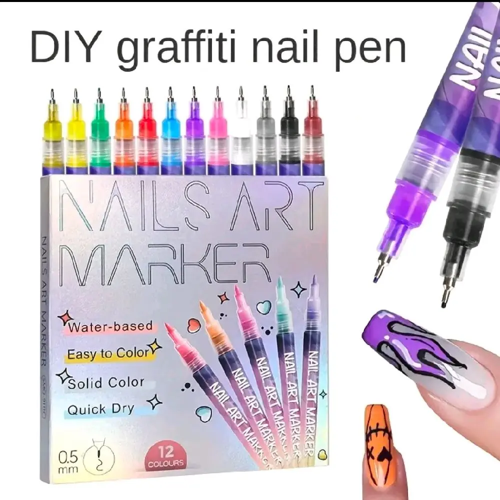 Nails Art Marker 12 pcs Water-based DIY Graffiti Nail Pen Set Solid Color Quick Dry Nail Art Supplies for Acrylic Nails doodle pen nail art pen at home salon nails polish cosmetic