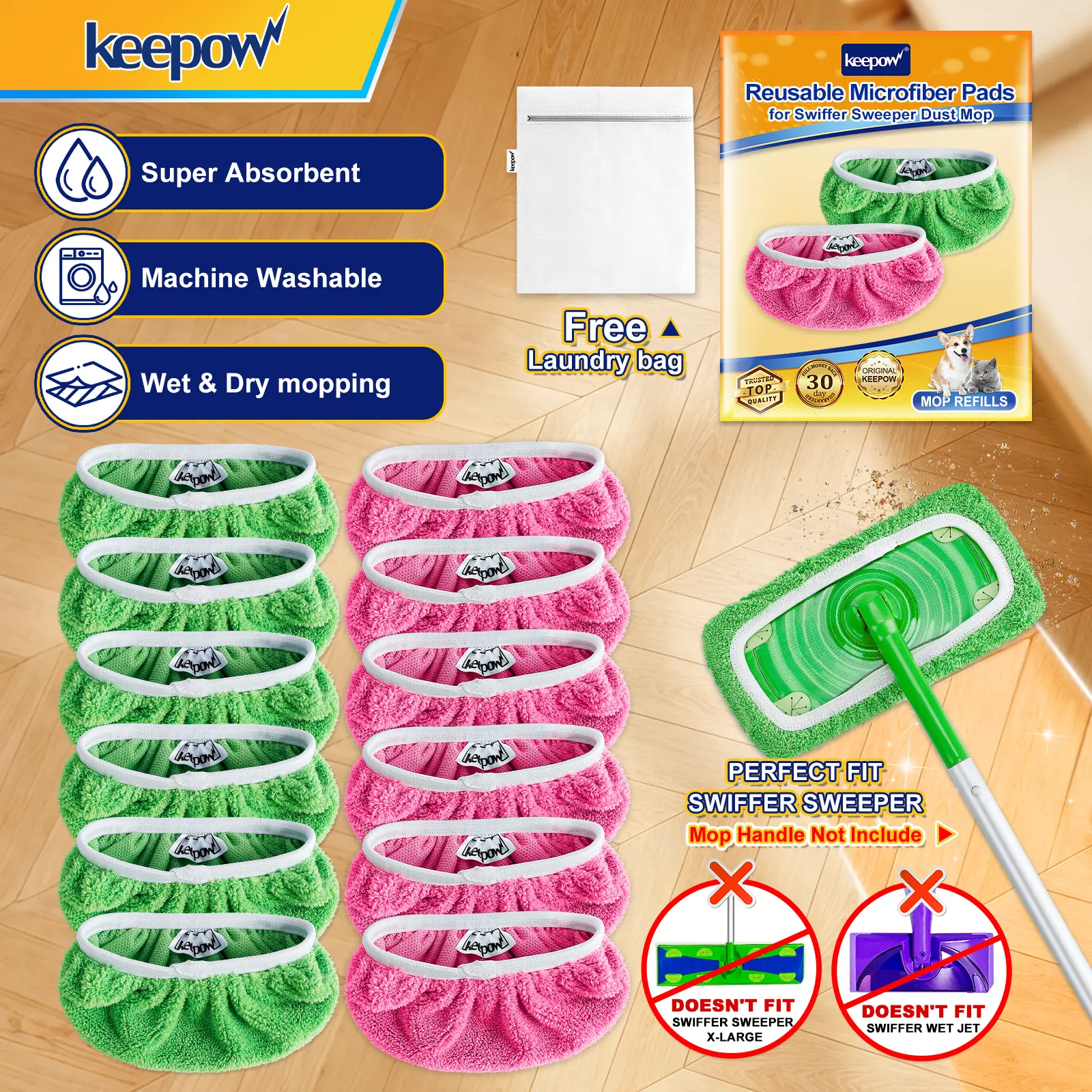 KEEPOW Reusable Microfiber Pads Cloths Compatible with Swiffer Sweeper Mop and All 10 Inches Flat Mop (Mop Handle is not Include)