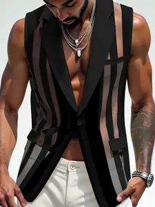 INCERUN Summer Men Vests Mesh Striped Transparent Lapel Sleeveless One Button Casual Male Waistcoats Fashion Streetwear Sexy Vests Tops