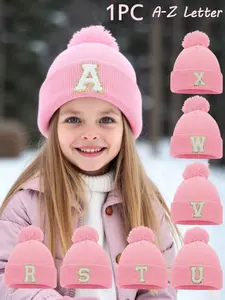 Women's High Elasticity Knitted Beanie Hat, Warm Breathable Letter Pattern, Casual Outdoor Fashion Accessory, Gift for 3-8 Years, Trendy Hat, Custom Initials Hat