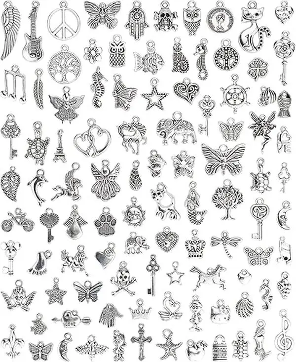 Wholesale Bulk Lots Jewelry Making Silver Charms Mixed Smooth Tibetan Silver Metal Charms Pendants DIY for Necklace Bracelet Jewelry Making and Crafting, 100 PCS