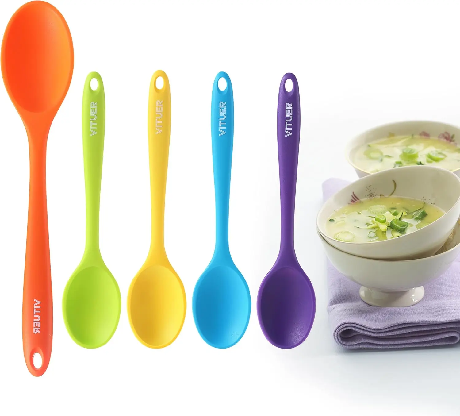 Vituer 5PCS Lightweight Silicone Serving Utensils Set, Aesthetic Heat-Resistant Kitchen Spoons for Cooking, Serving, Dishwasher Safe (Multicolor)