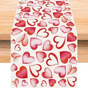 1 PC, Pink Watercolor Heart Valentines Day Table Runner, Sweetest Day Wedding Anniversary Home Kitchen Dining Room Table Decoration