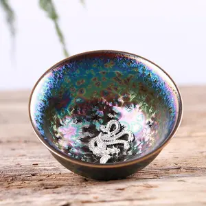 7-Color Jianzhan Ceramic Tea Cup Set with Silver Inlays - Fish, Lotus Flower, Dragon & Phoenix Motifs, Kiln-Varied Sky-Blue Style, Large Master Cup for Tea Appreciation fathersdaygiftideas