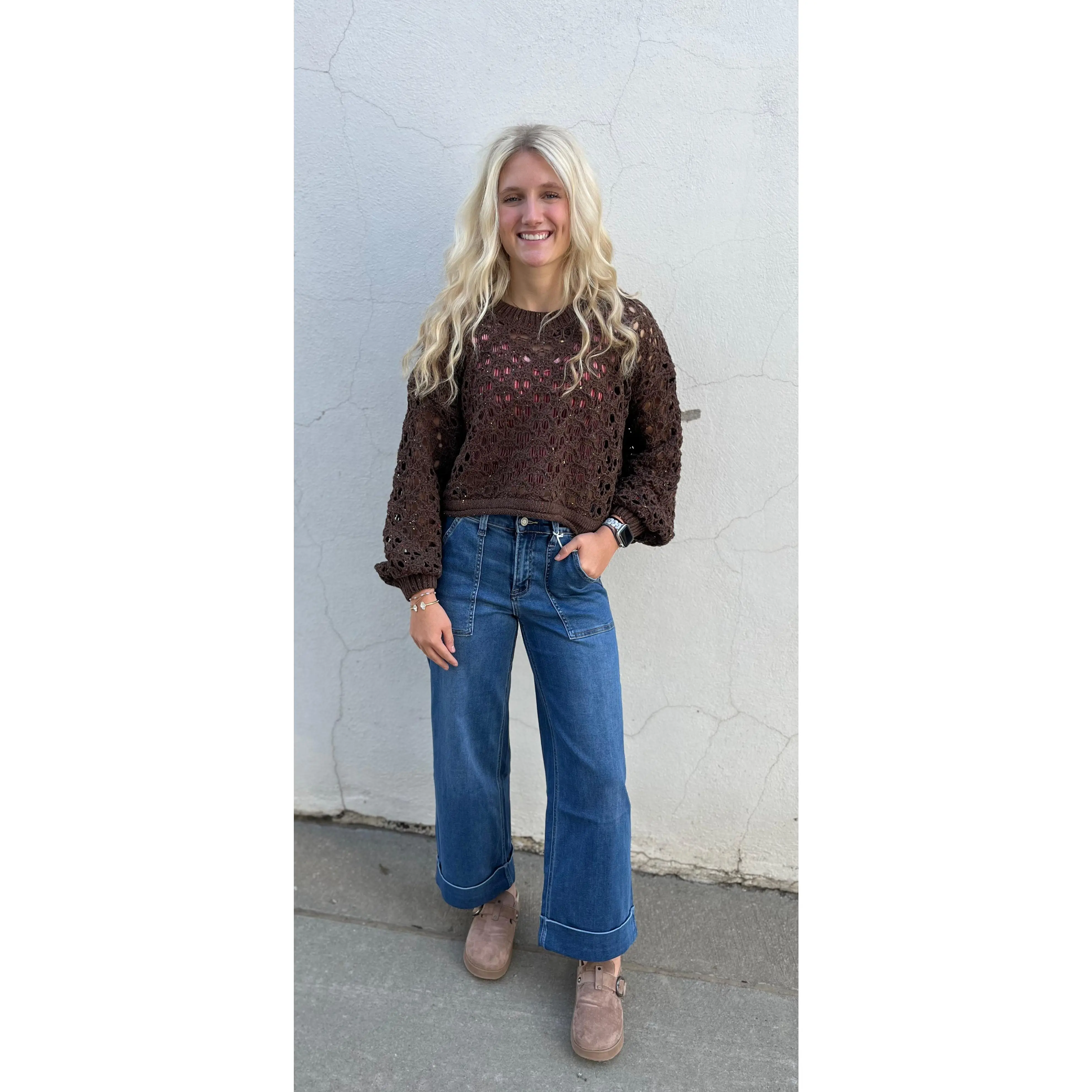 Brown Keyhole Crop Knit Sweater
