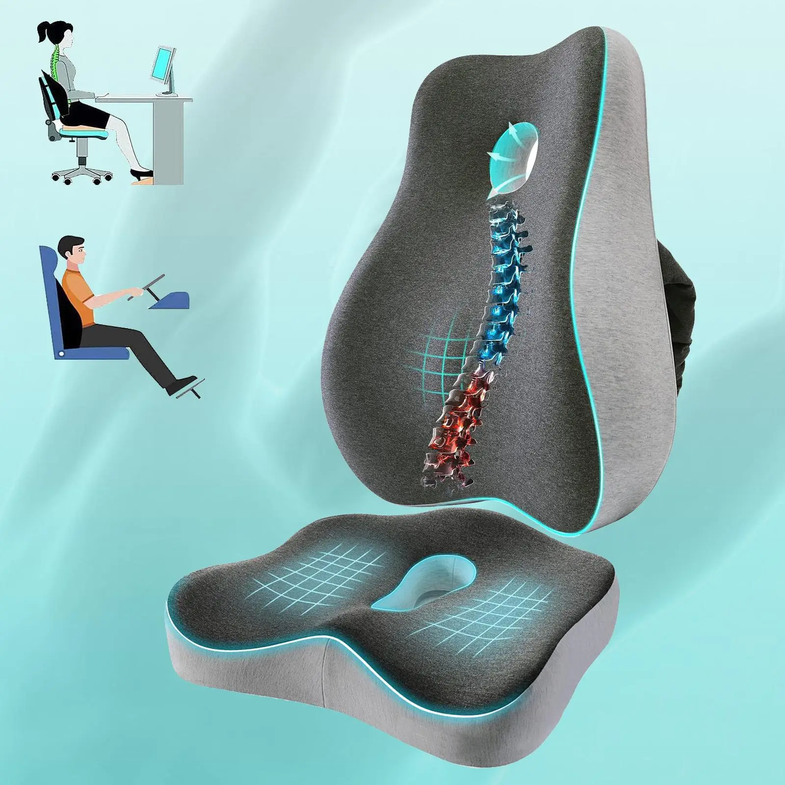 Lumbar pillows and cushions for office chairs and car seats, contoured for optimal comfort, with removable breathable covers to increase seat height,