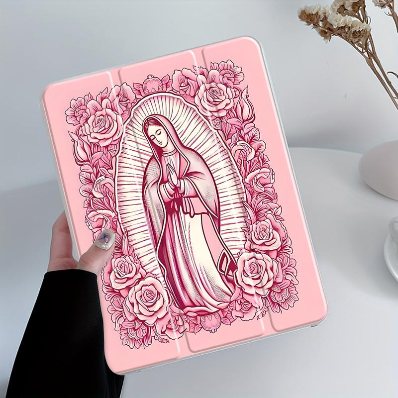 Pink Virgin Mary Rose Floral iPad Stand Case, Three-tiered stand iPad case,Religious Art Transparent Acrylic Hard Back Panel With Pencil Slot, for All models ipad.Scratch-resistant Ultra-thin Protective Case,Shock-resistant Full Cover, Tablet Stand Holder