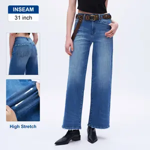 High Rise Wide Leg Jeans Made of High Stretch Denim Featuring Sculpting Back Seam  Womenswear Streetwear