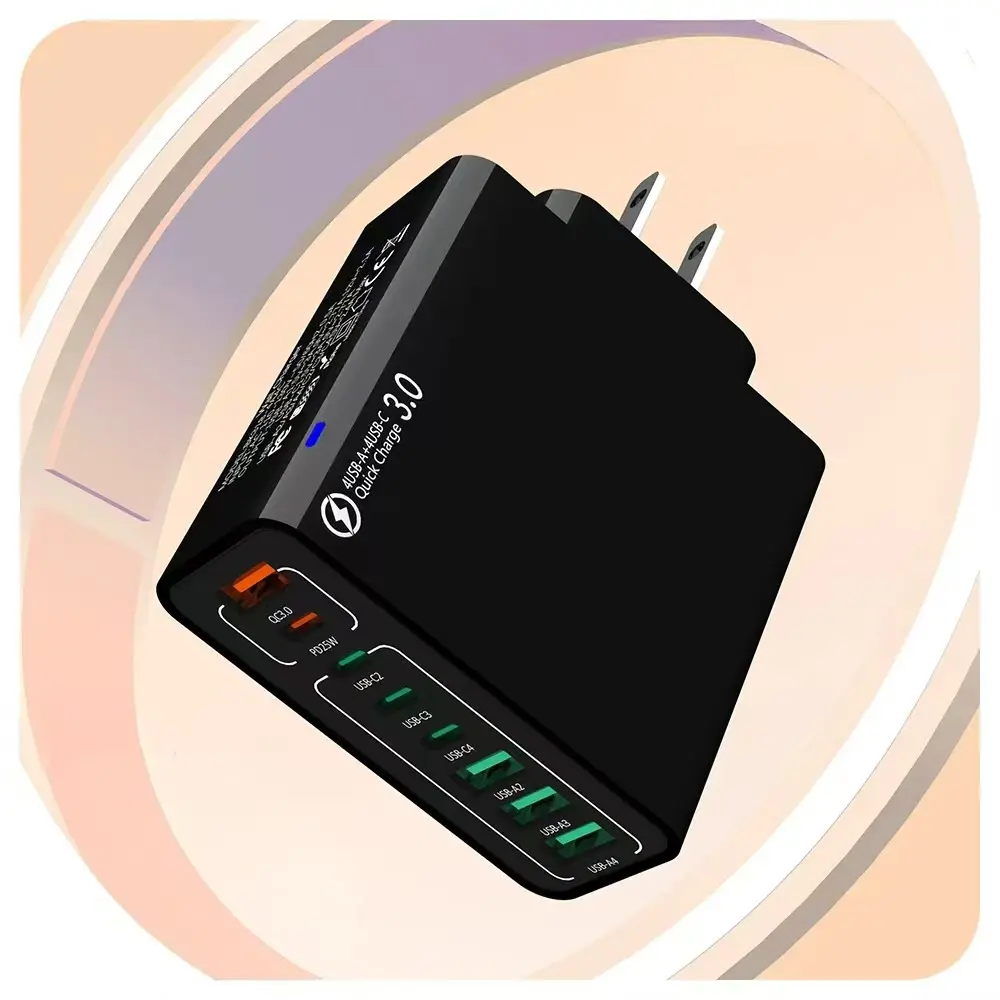 8-in-1 Waterproof USB Fast Charger Plug - 4 Type-C & 4 USB Ports, Multi-Port Charging Station for Smartphone, Cellphone, Mobile Device Home Office Use