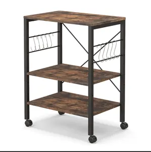 3-Tier Kitchen Baker's Rack Microwave Oven Storage Cart with Hooks, with Hooks, Rustic Brown