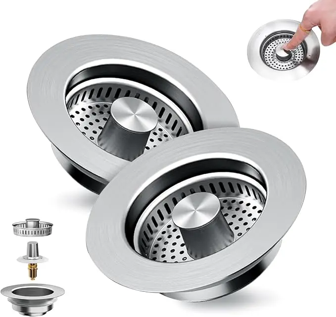 Modern Brass 3-in-1 Kitchen Sink Strainer and Stopper, Pop-Up Anti-Clogging Standard Fit Drain Filter Fixture Accessory for US Standard 3-1/2" Drain Holes