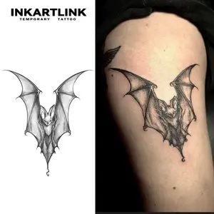 INKARTLINK Night Bat Temporary Tattoo Sticker Gothic Aesthetics Matte Texture Semi Permanent Waterproof Lasts 1-2 Weeks Chinese Character Design for Adults