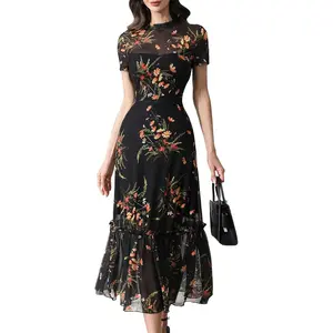 Women's Summer Floral Mesh Ruffle Dress Short Sleeve Round Neck Waist Cinched Casual Maxi Wedding Guest Dresses Womenswear Fitted Chic Elegant Shortsleeve Flat Matching Outfits