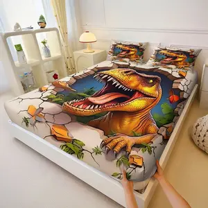 3Pcs Dinosaur-Themed Fitted Sheet Set, Cartoon T-Rex Breaking Through Wall Print Bedding, Vibrant and Fun Design with Textured Appearance, Ideal for Kids’ Bedrooms and Dino Lovers, Lncludes 1 Fitted Sheet, With 2 Coreless Pillowcases