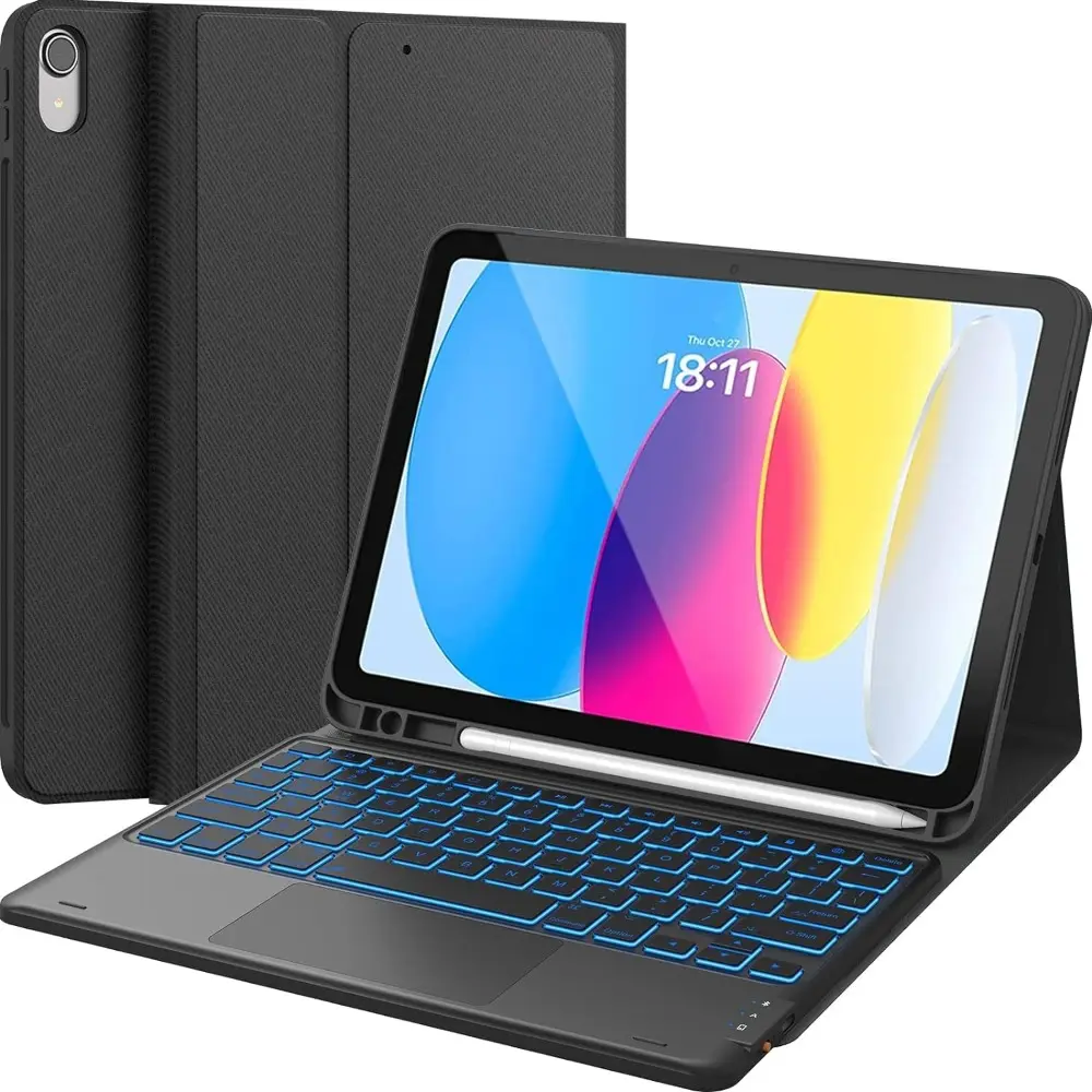 Solid Black Keyboard Case for iPad 11th & 10th Gen, Detachable Cover with 7-Color LED Backlit Keyboard, Built-in Wireless Trackpad, and Pencil Holder, Casing, Batteries, Accessories, Tablet, A16, Fits Ios