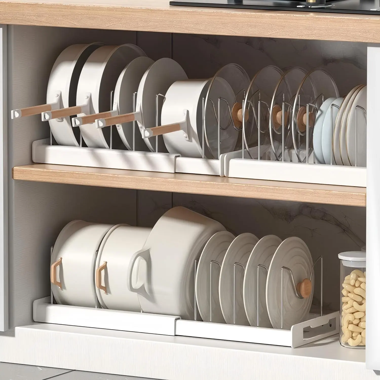 Pot Lids Organizer Rack for Cabinet and Countertop, 7+ Pan Lids and Bakeware Organizer Rack Holder with 7 Adjustable Compartments,Kitchen Storage, Pot Lid Storage - White color