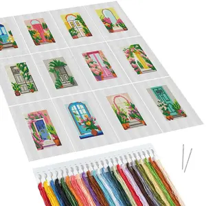 Cartoon Pattern Cross Stitch Kit, 12pcs/set Cross Stitch Printed Canvas with Tools, Flower Room Decor, DIY Cross Stitch Kit for Beginners, Embroidery Craft, Embroidery Design